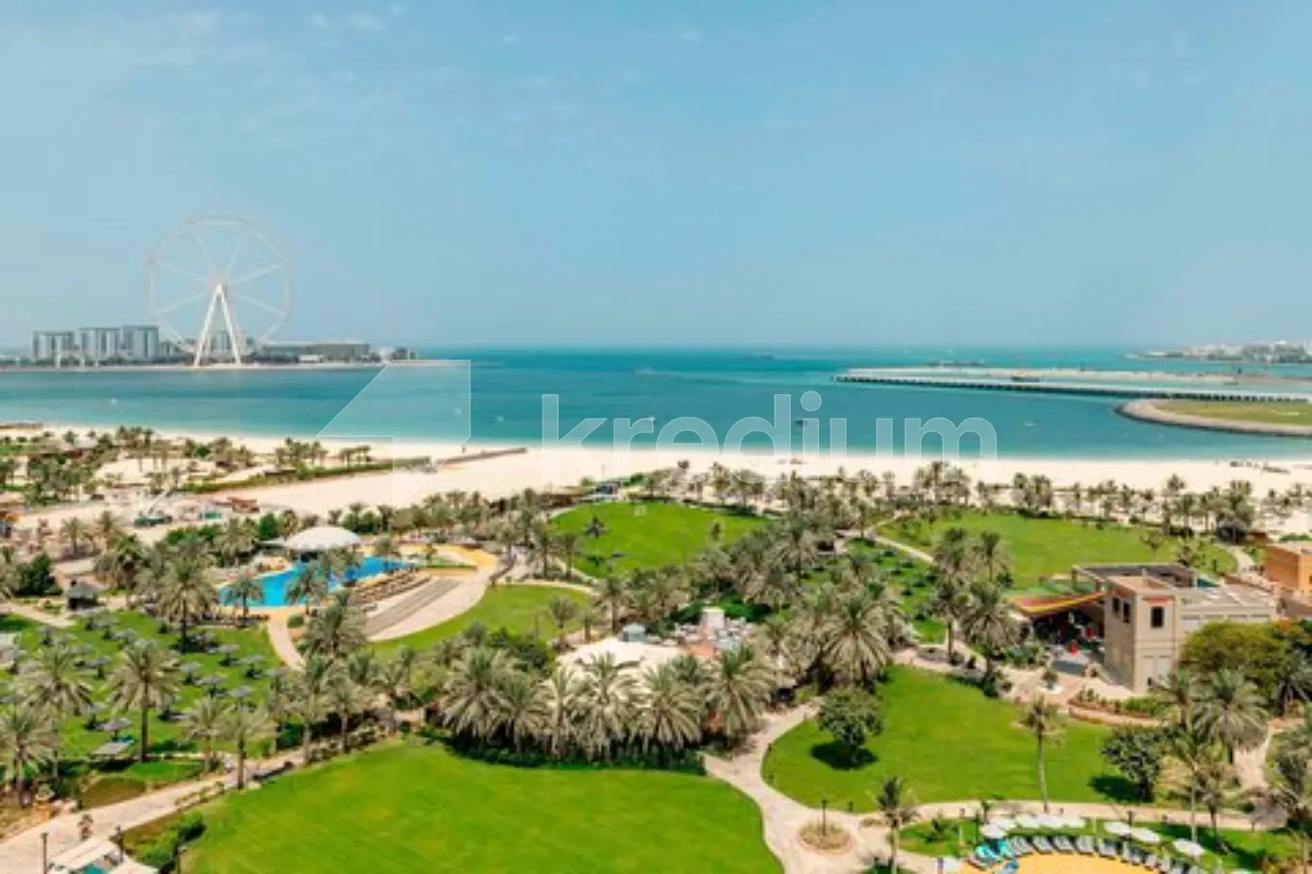 Aerial view of a green space with a pool, a beach and palm trees