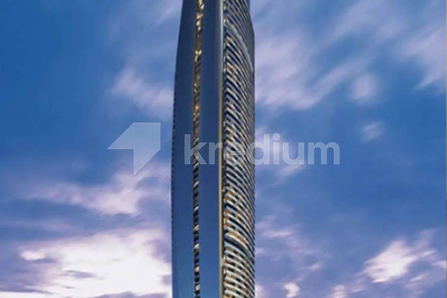 Tall skyscraper surrounded by blue skies