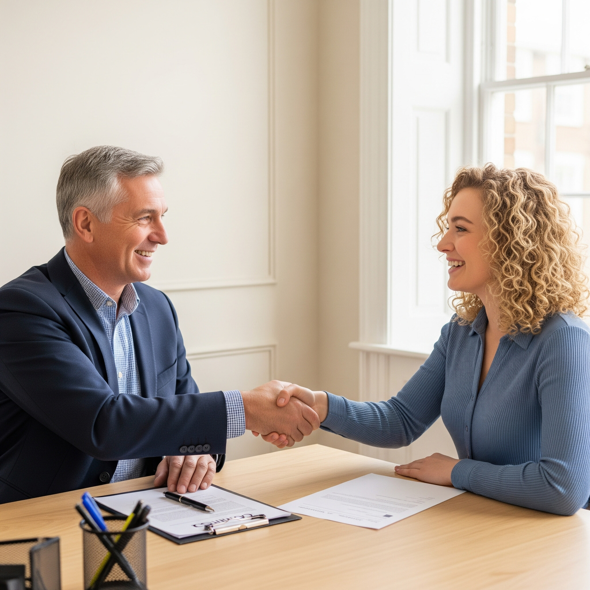 A man and a woman sitting at the table shaking hands.