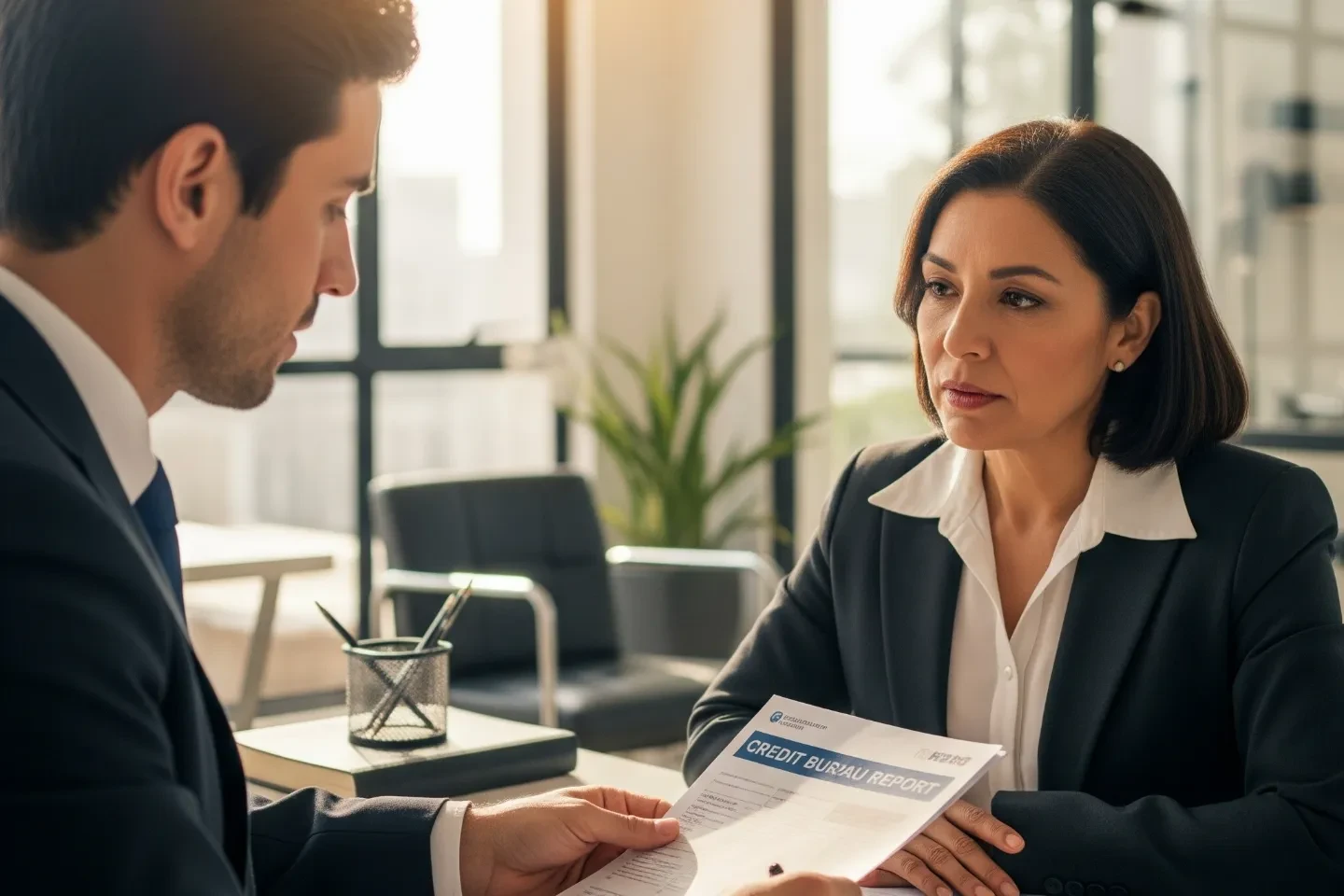 A woman in a suit looking at a man holding a credit bureau report document.