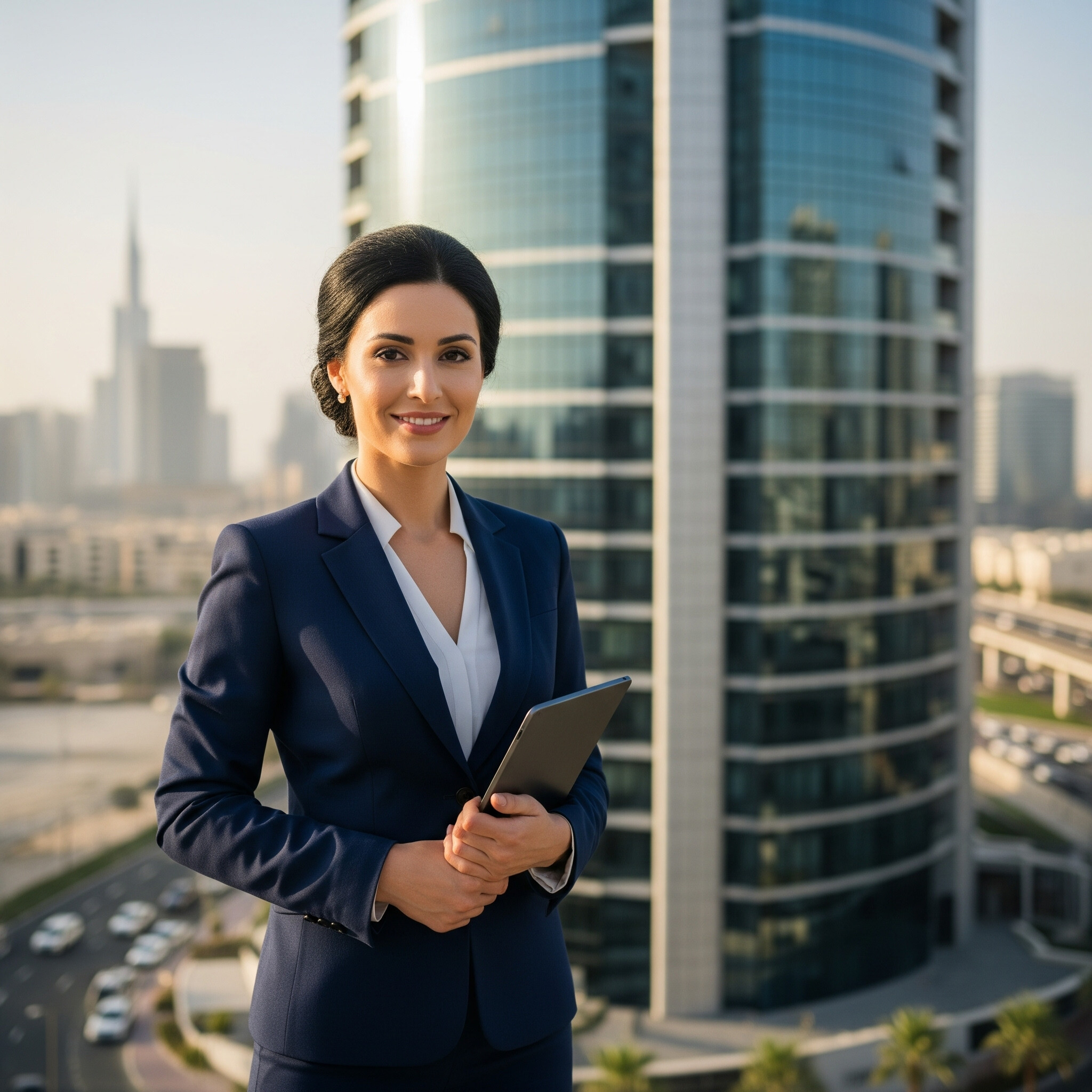 A real estate agent in a suit holding a tablet.