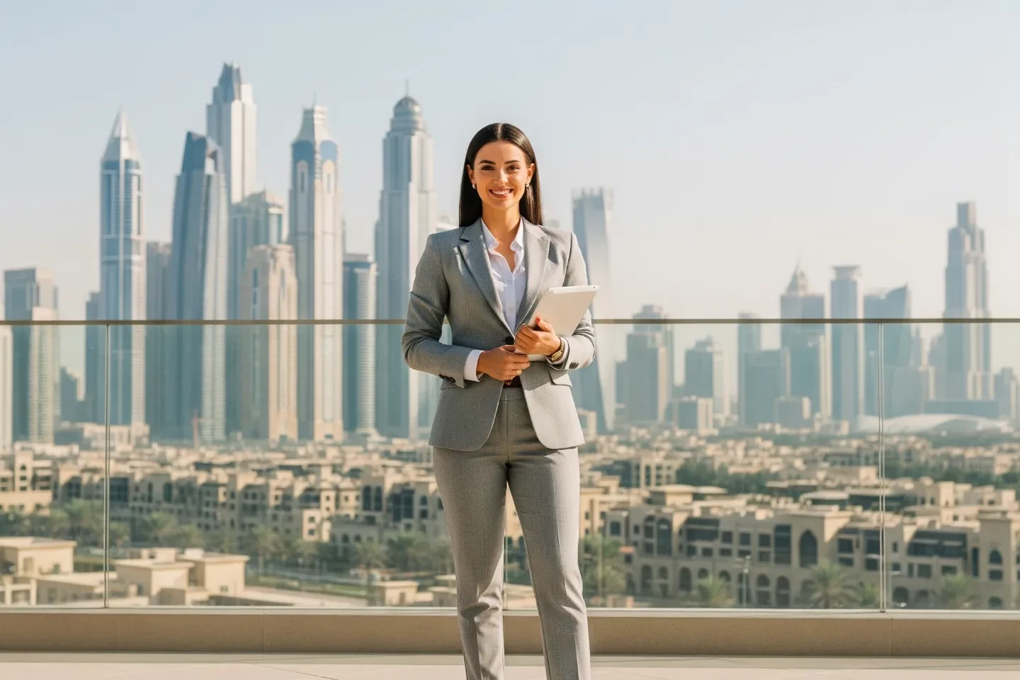 A real estate agent in a suit with Dubai in the back.