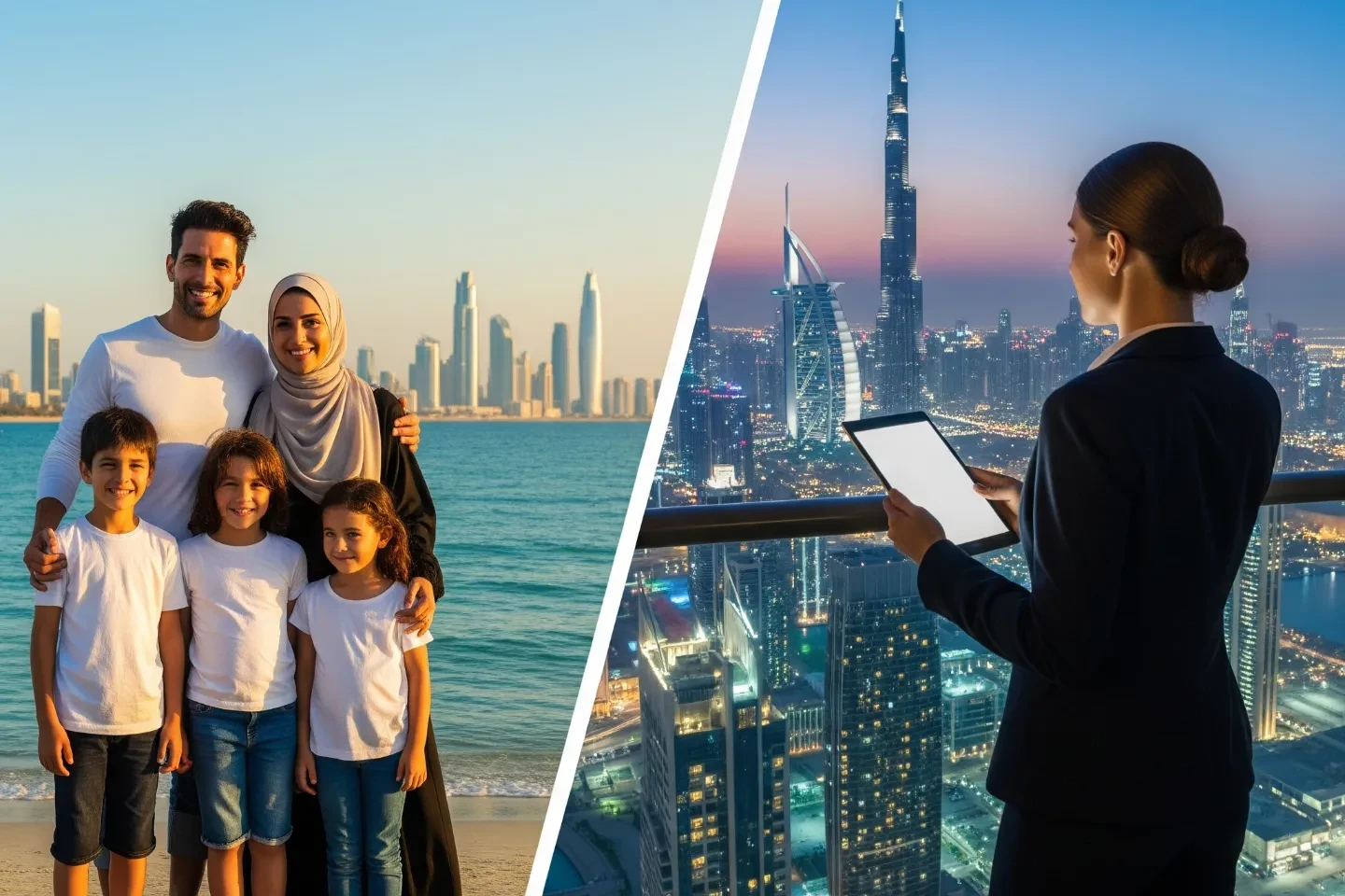 A family of 5 on the left and a business woman with a tablet on the right.