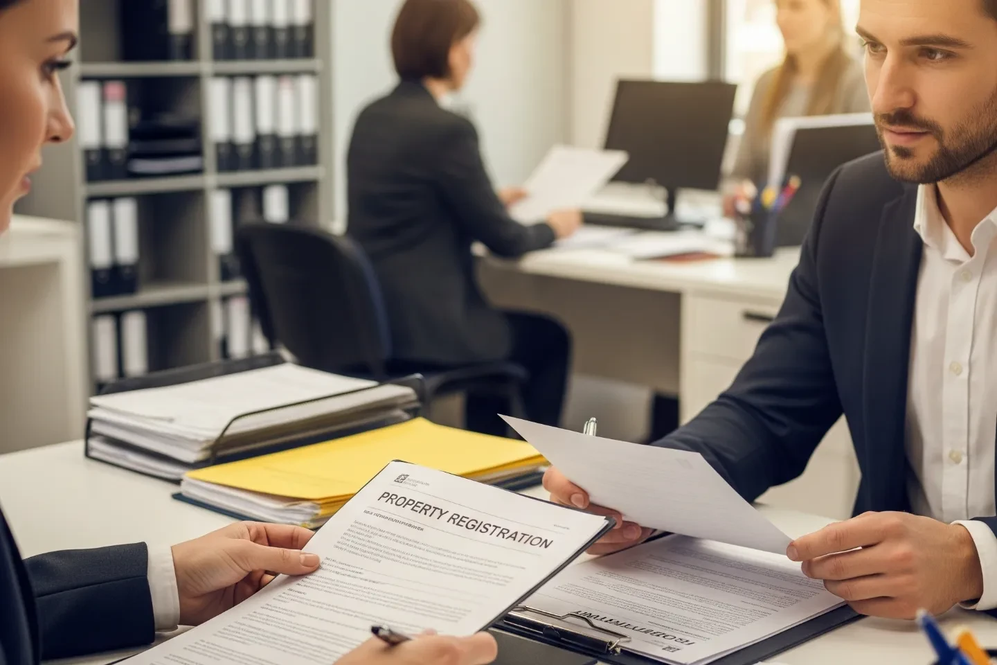 Two people in suits holding property registration documents.