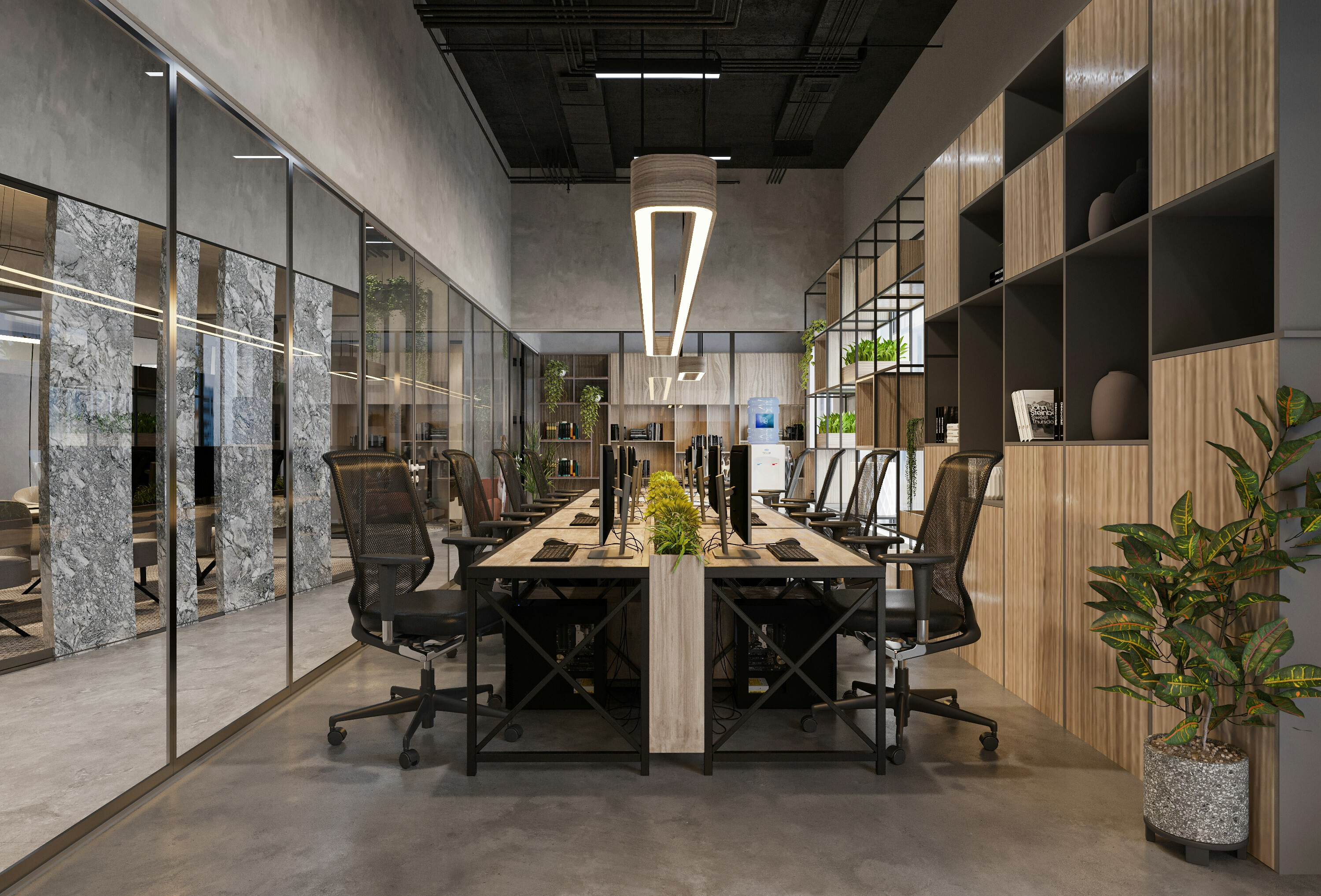 An office space with table and chairs, storage space, decor and plants.