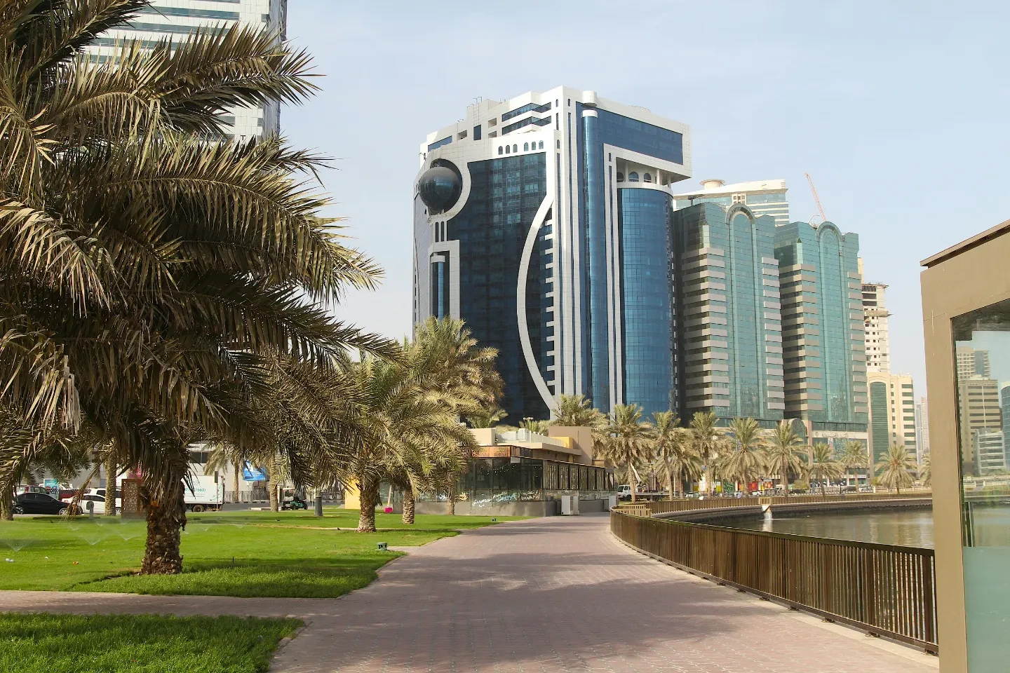 A view of buildings in Sharjah from the walking trail.