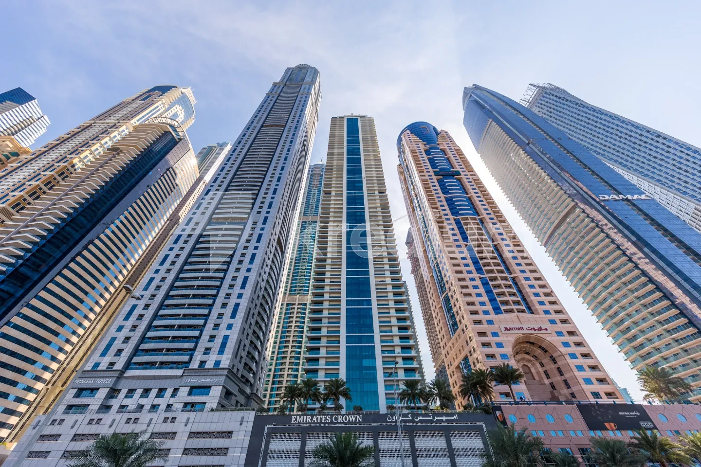 A view of several modern high-rise buildings