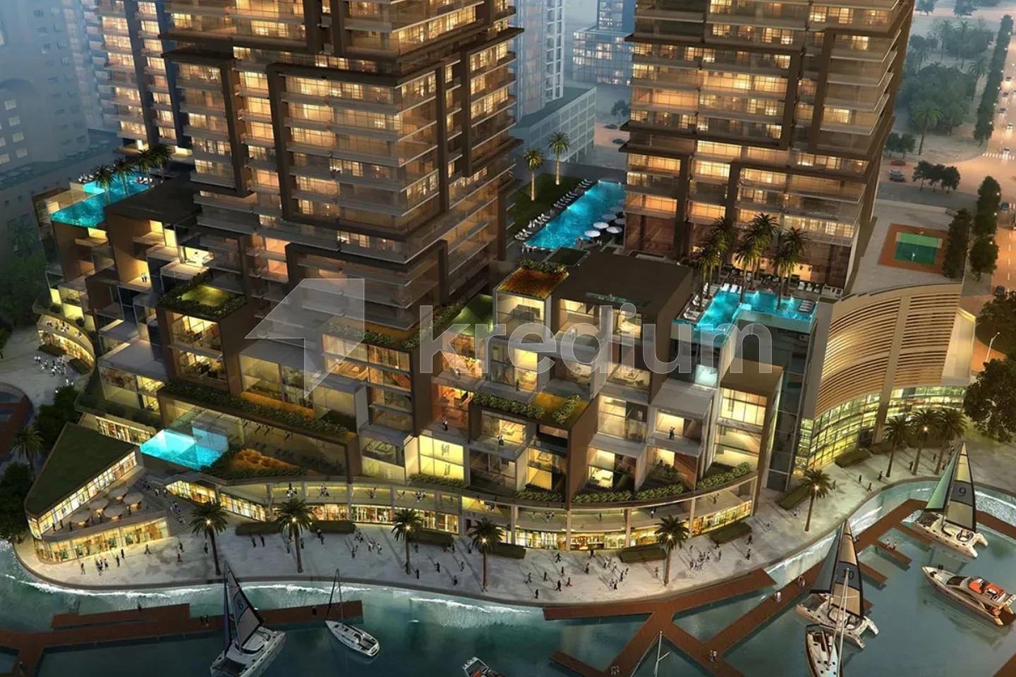 A view of a modern building complex with outdoor swimming pools overlooking a marina