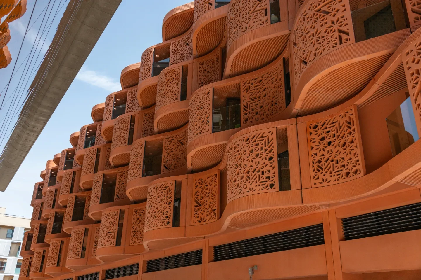 Masdar City residential building balconies in Abu Dhabi.