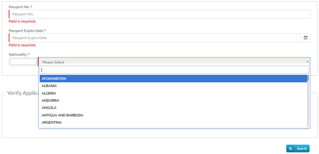 Selecting nationality from the list of countries.