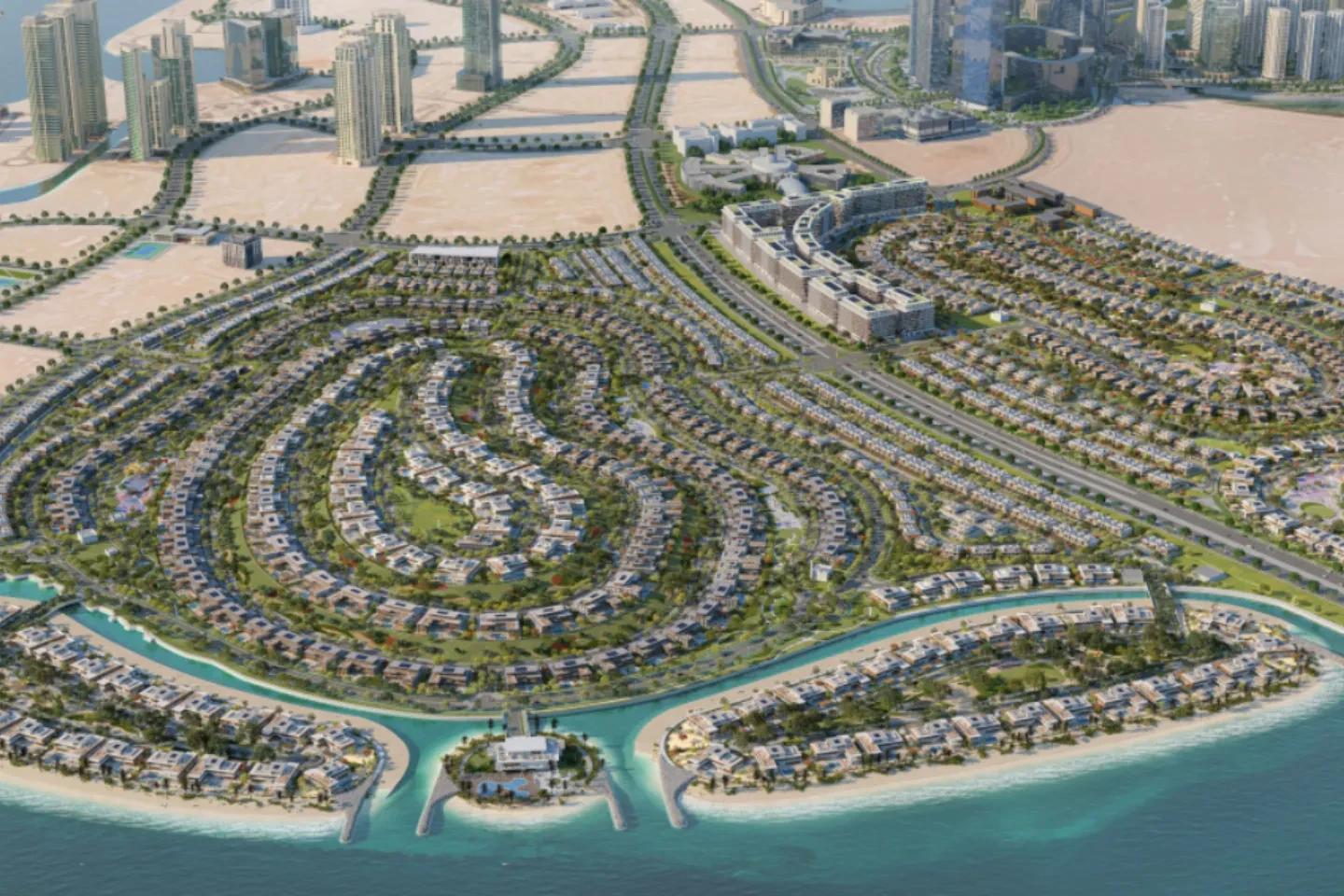 A view of the residential community in Reem Hills, Abu Dhabi from above.