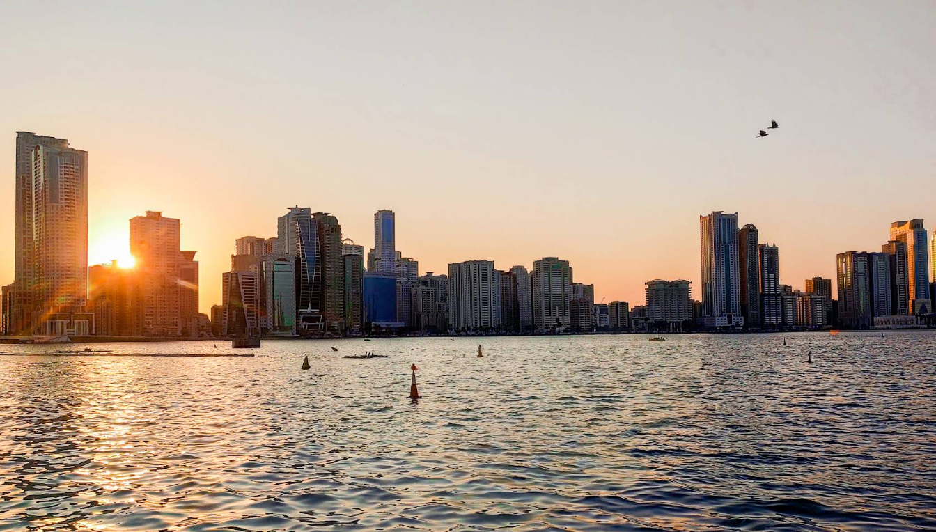 A view of buildings and the sea in the Al Majaz area in Sharjah