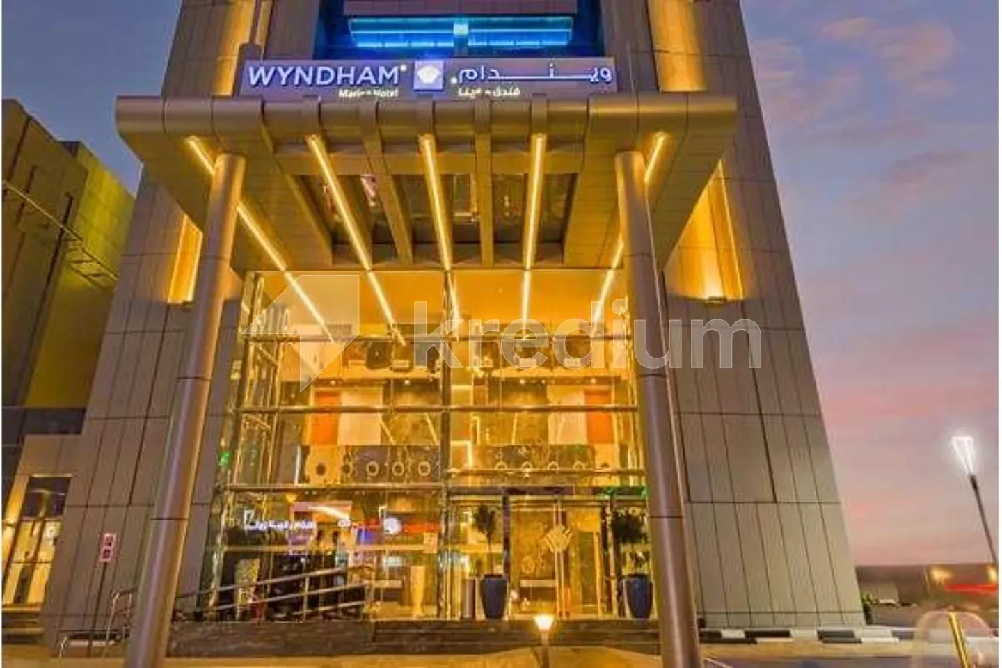 A night image on an elegant entrance to a large building